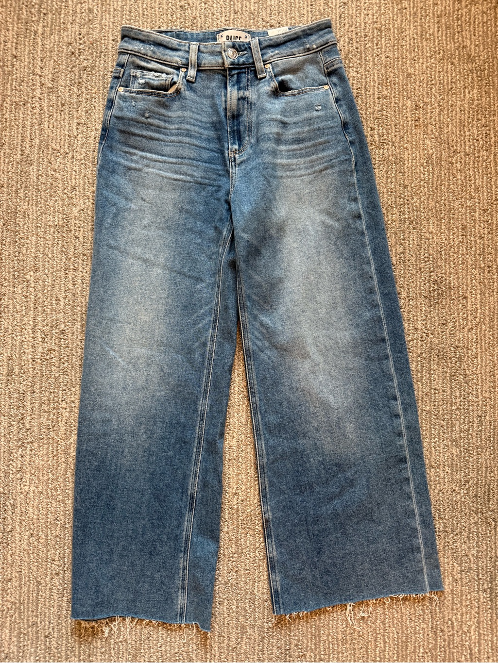 Paige Anessa Wide Leg Jeans Size 25 Raw Hem High Rise Medium Wash Denim